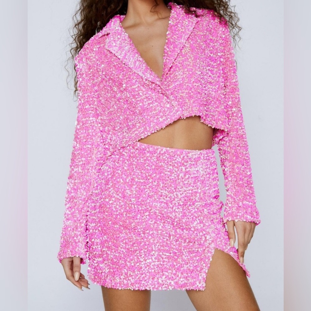 Pink Sequin Crop Blazer and Skirt Set